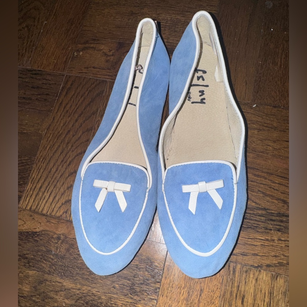 French Sole Size 7 Blue and White Suede Loafers NEW